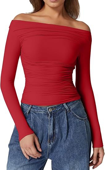 Damen Schulterfreies tailliertes Stretch-Longsleeve mit Raffung und figurbetonter Silhouette Drune