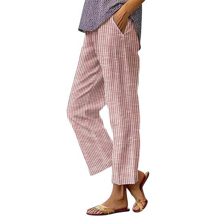 Damen leichte karierte Leinenoptik-Hosen mit geradem Bein und seitlichen Taschen Drune
