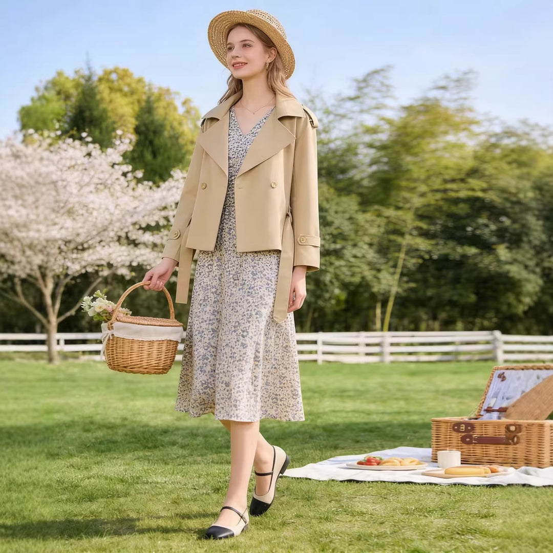Damen Kurzgeschnittener taillierter Trenchcoat mit Bindegürtel und Schulterklappen Drune