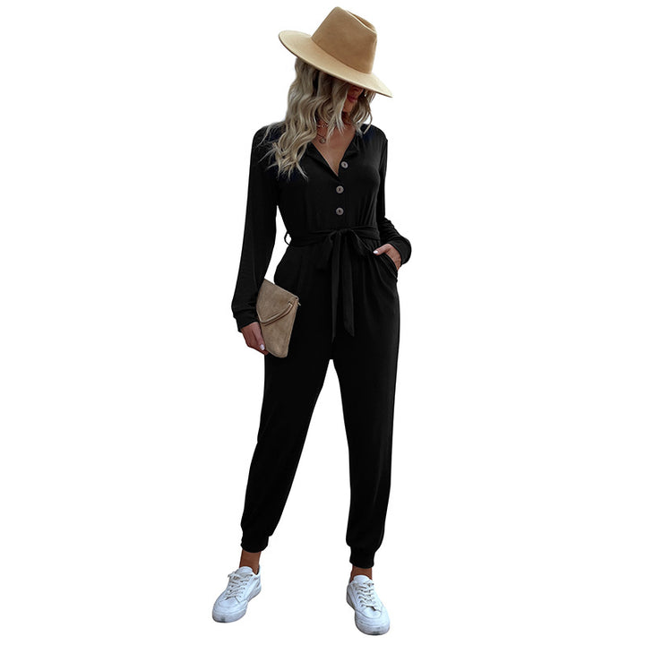 Damen Lässiger Einteiler-Jumpsuit mit Knopfleiste, Bindegürtel und Rippbündchen Drune