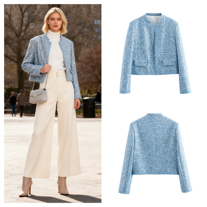 Damen Kurz geschnittene Bouclé‑Tweed Jacke mit Paillettenbesatz und Pattentaschen Drune