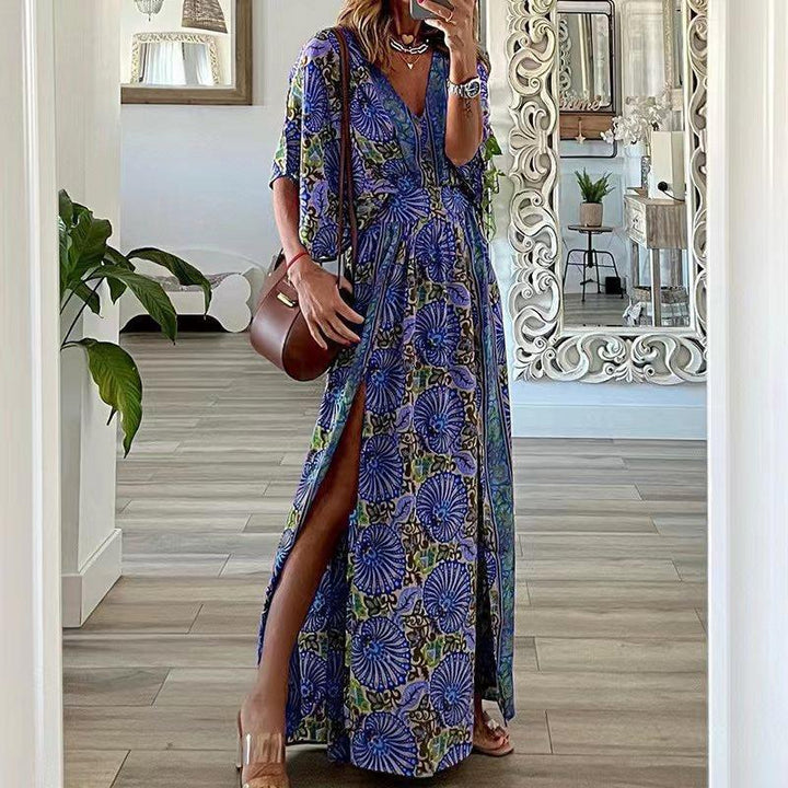 Damen Maxikleid im Boho-Stil mit Wickeleffekt, V-Ausschnitt und hohem Beinschlitz Drune