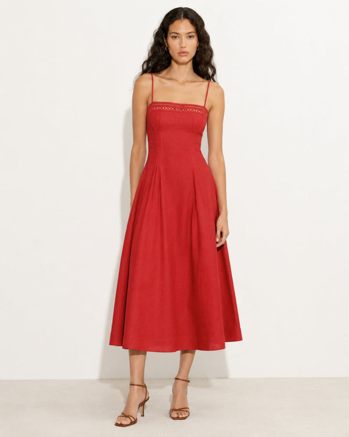 Damen nan Vintage-inspiriertes Midikleid mit schmalen Spaghettiträgern, Spitzenpassé und ausgestelltem Tellerrock Drune