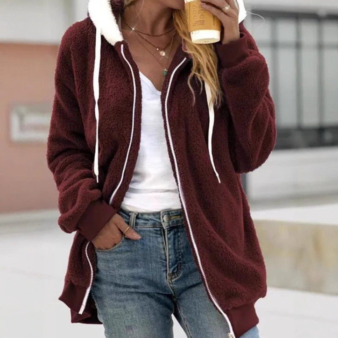 Damen Kuschelige Teddy-Fleece-Kapuzenjacke mit Reißverschluss und Oversized-Schnitt Drune