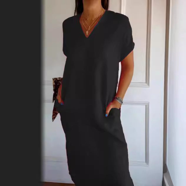 Damen lässiges V-Ausschnitt Kleid mit praktischen Taschen Drune