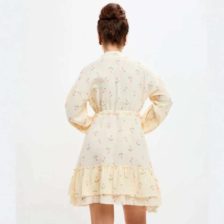 Damen Blumiges Baumwoll-Minikleid mit Taillenschnürung und Volantsaum Drune