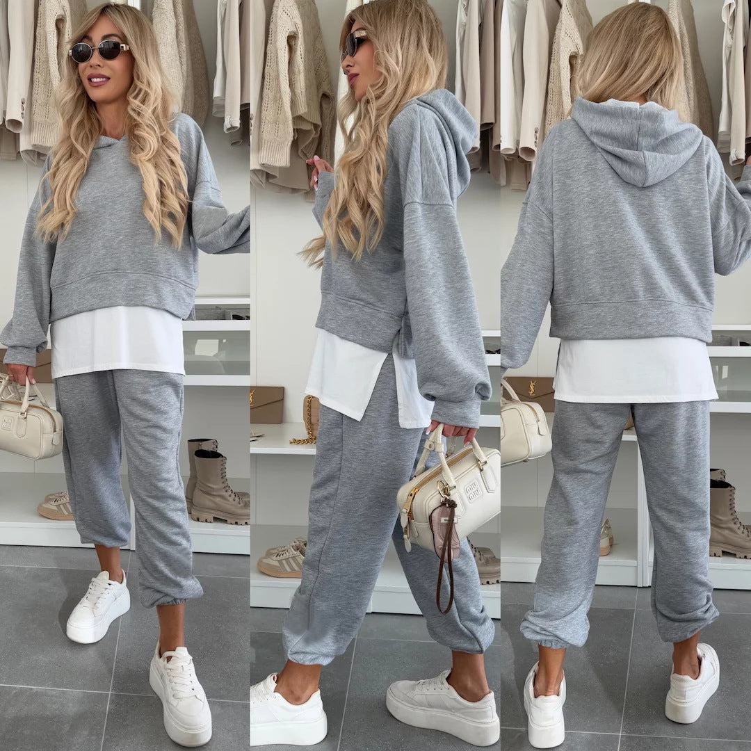 Damen Cropped-Hoodie-Lounge-Set mit asymmetrischem Saum, voluminösen Raglanärmeln und gekrempelter Jogginghose Drune