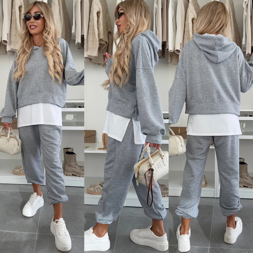 Damen Cropped-Hoodie-Lounge-Set mit asymmetrischem Saum, voluminösen Raglanärmeln und gekrempelter Jogginghose Drune