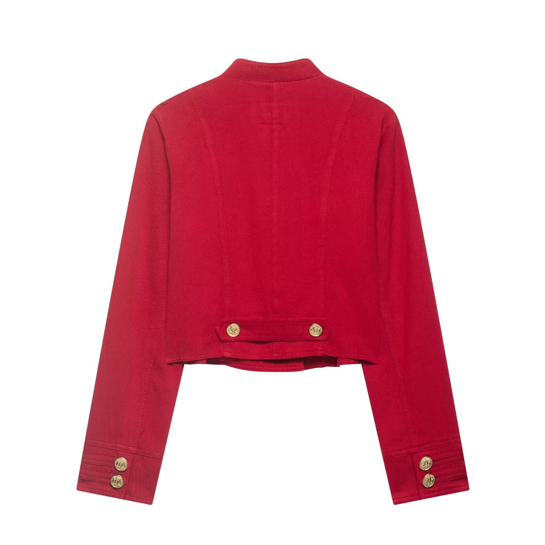 Damen Kurze Militärjacke im Cropped‑Schnitt mit Stehkragen und goldfarbenen Zierknöpfen Drune