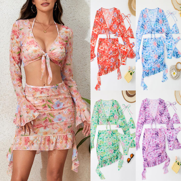 Damen Badeset mit floralem Design, kurzem Oberteil und Wickelrock Drune