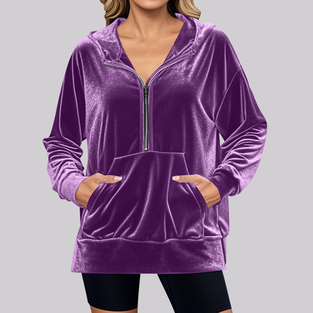 Damen Lässiger Velvet Hoodie mit praktischem Reißverschluss und Kängurutasche Drune