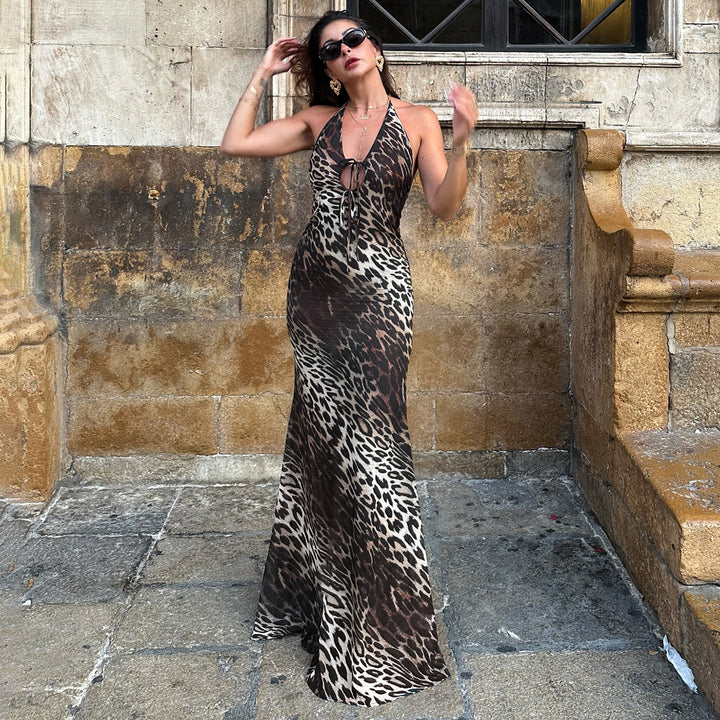 Damen Maxikleid mit tiefem V-Ausschnitt und aufregendem Leopardenmuster Drune