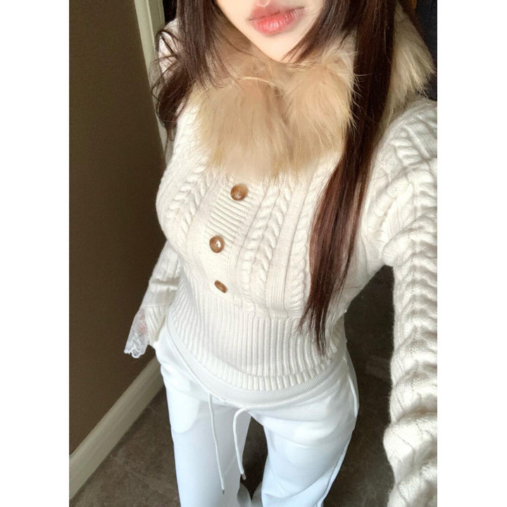 Damen Strickpullover mit raffiniertem Zopfmuster und romantischen Spitzenärmeln Drune