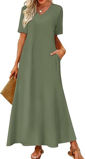 Damen Langes A-Linien-Maxikleid mit V-Ausschnitt, Kurzarm und Eingrifftaschen Drune