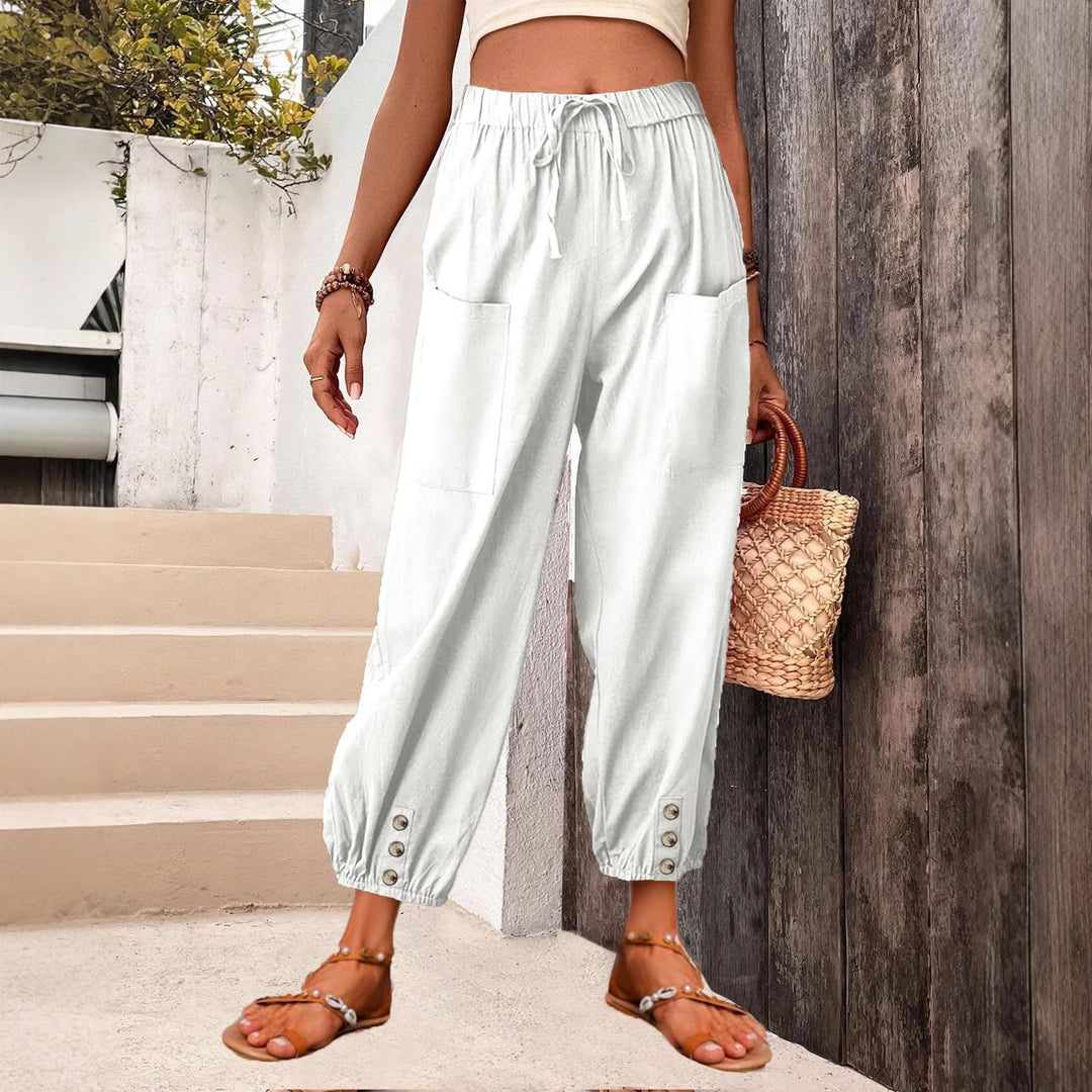 Damen Leinenlook Loungehosen mit hohem elastischem Taillenbund, Kordelzug, aufgesetzten Taschen und geknöpftem Saum Drune