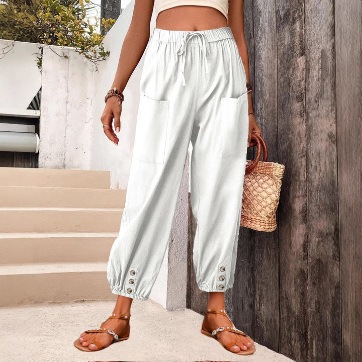 Damen Leinenlook Loungehosen mit hohem elastischem Taillenbund, Kordelzug, aufgesetzten Taschen und geknöpftem Saum Drune