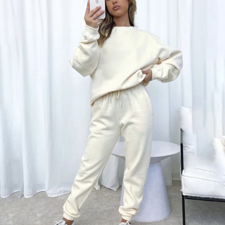 Damen kuscheliges Relax-Sweatshirt- und Jogger-Set aus angerautem Baumwollmix mit Raglanärmeln Drune
