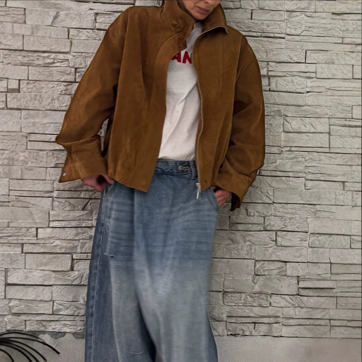 Damen Oversize Veloursleder-Blouson mit hohem Stehkragen und Metallreißverschluss Drune