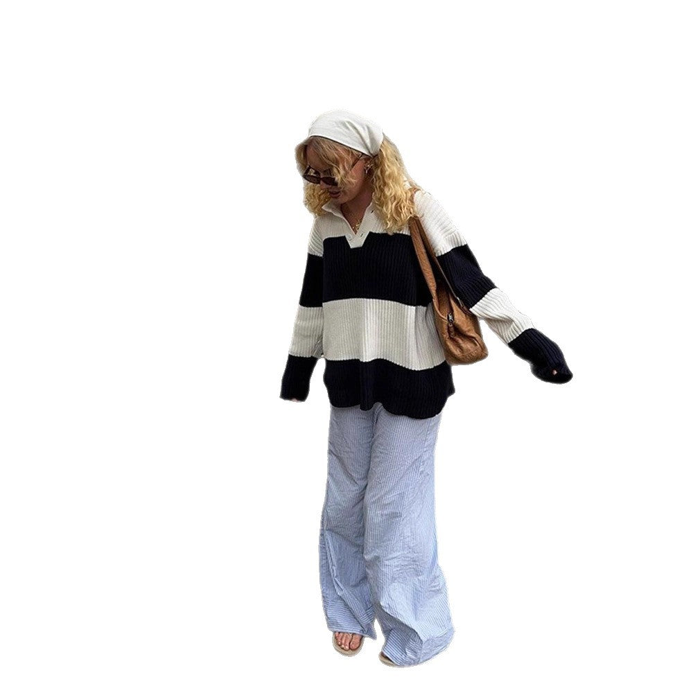 Damen Grobgerippter Oversize‑Polo‑Strickpullover mit Kentkragen und Blockstreifen Drune