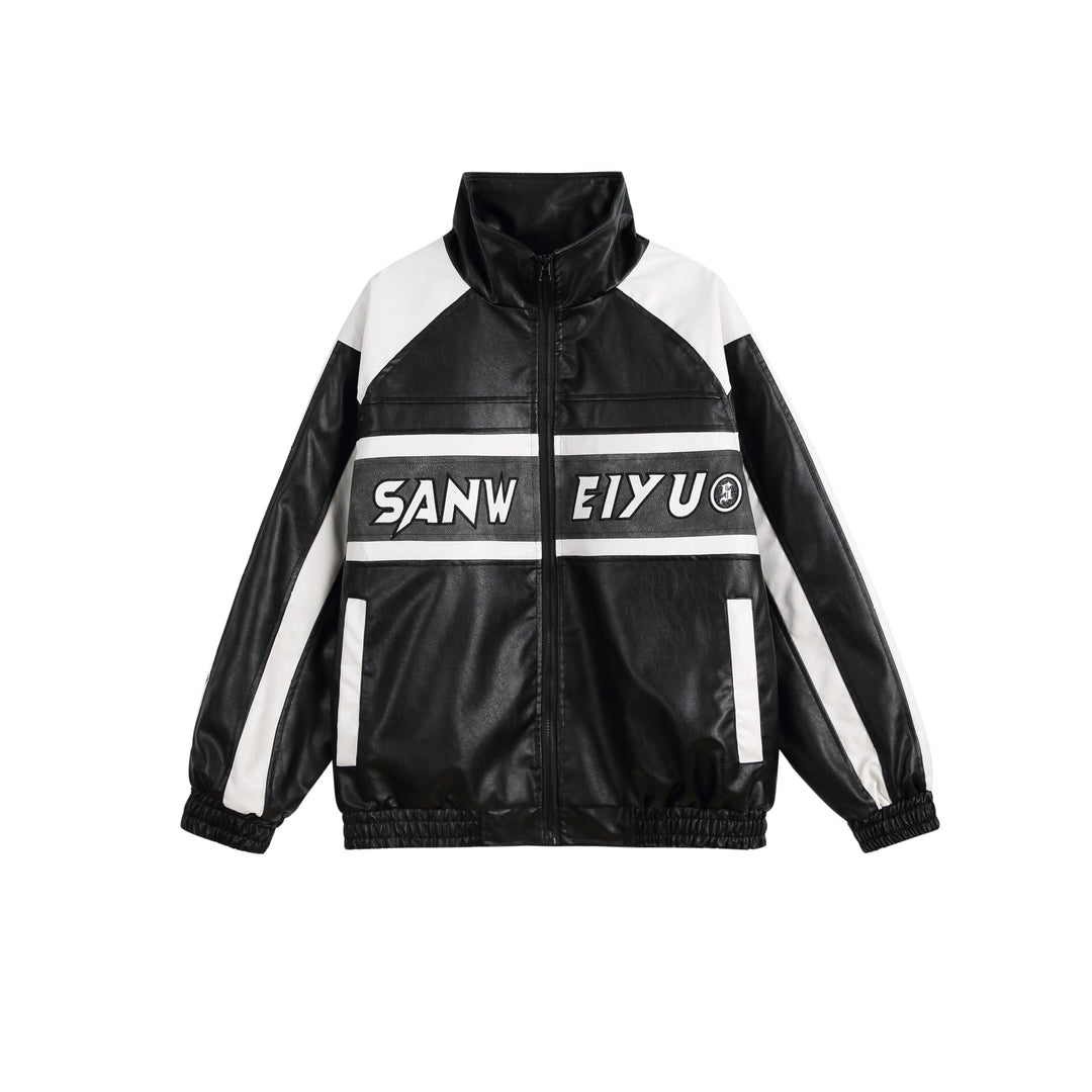 Damen Kunstleder-Trackjacke im Oversize-Cut mit hohem Stehkragen und Logopanel Drune