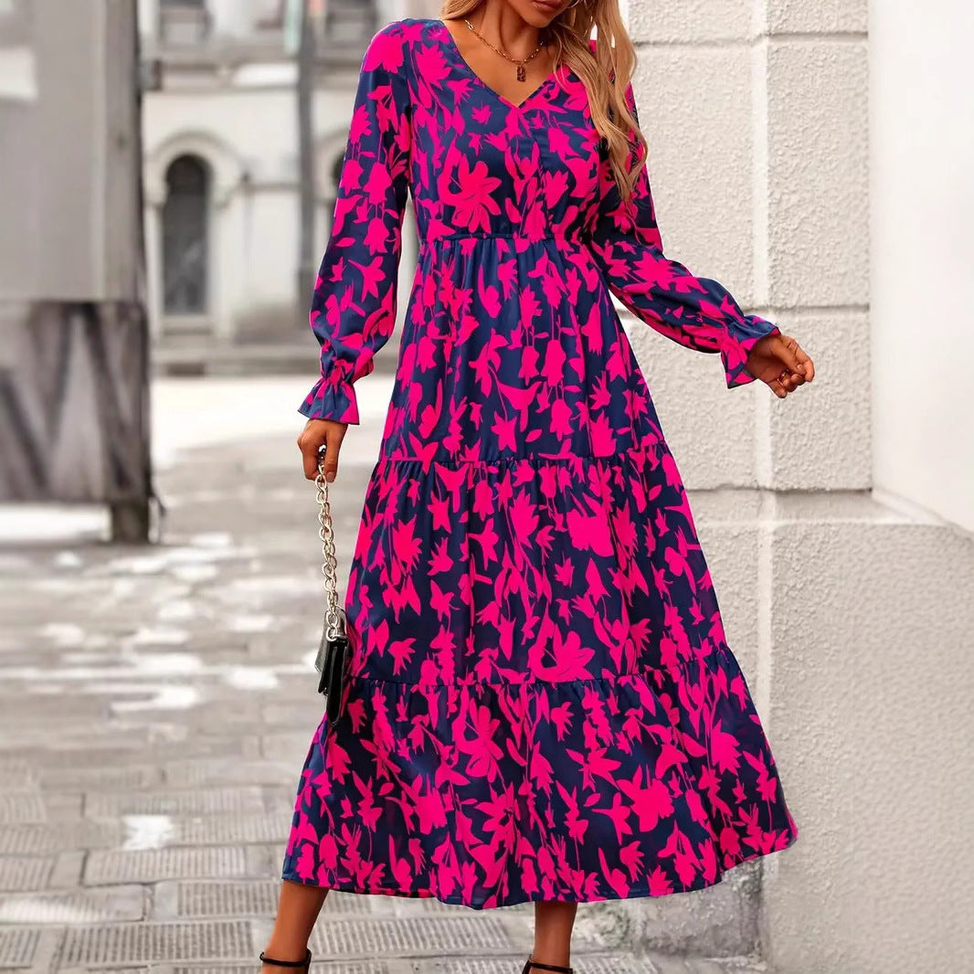 Damen Maxikleid mit V-Ausschnitt und voluminösen Ärmeln Drune