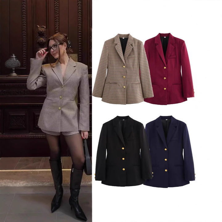 Damen elegante karierte Blazerjacke mit Goldknöpfen Drune