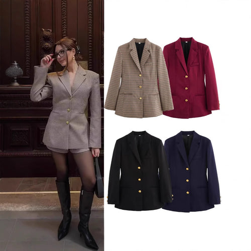 Damen elegante karierte Blazerjacke mit Goldknöpfen Drune