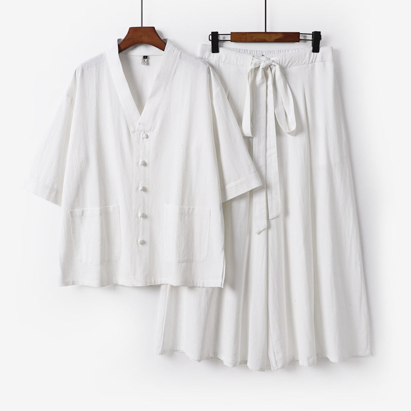 Damen Zweiteiliges Kimono-Lounge-Set mit Kurzarm-Knopfjacke, aufgesetzten Taschen und weiten Palazzo-Hosen Drune