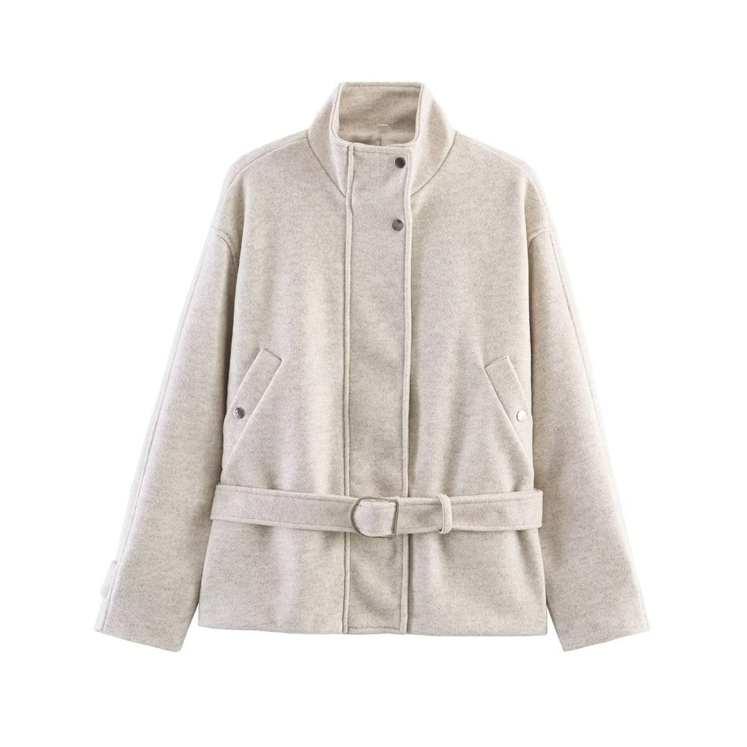 Damen Gekürzte Wollmix-Jacke mit Stehkragen, Taillengürtel und Druckknopfverschluss Drune