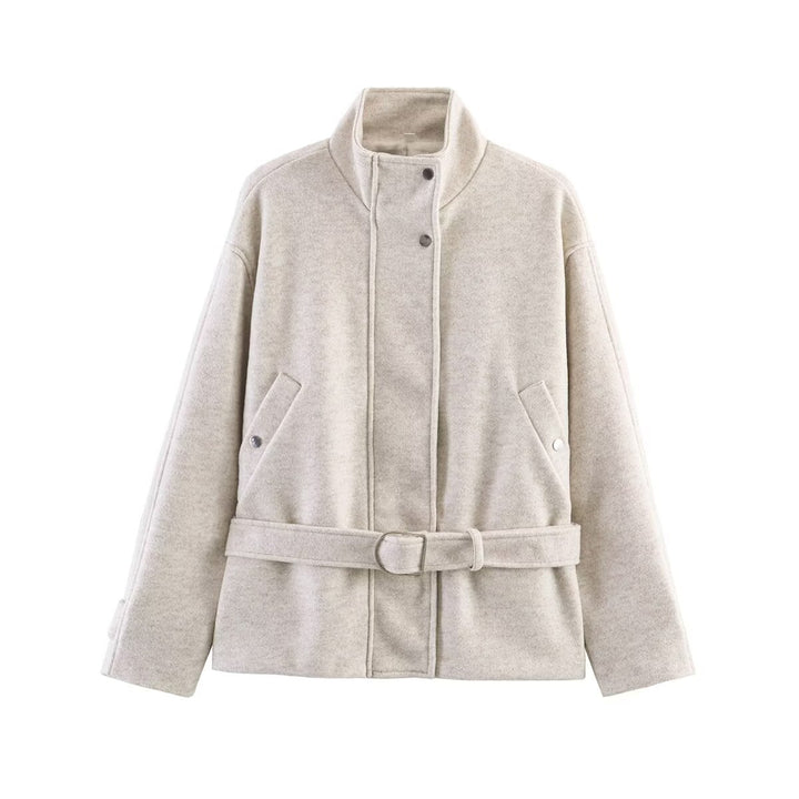 Damen Gekürzte Wollmix-Jacke mit Stehkragen, Taillengürtel und Druckknopfverschluss Drune