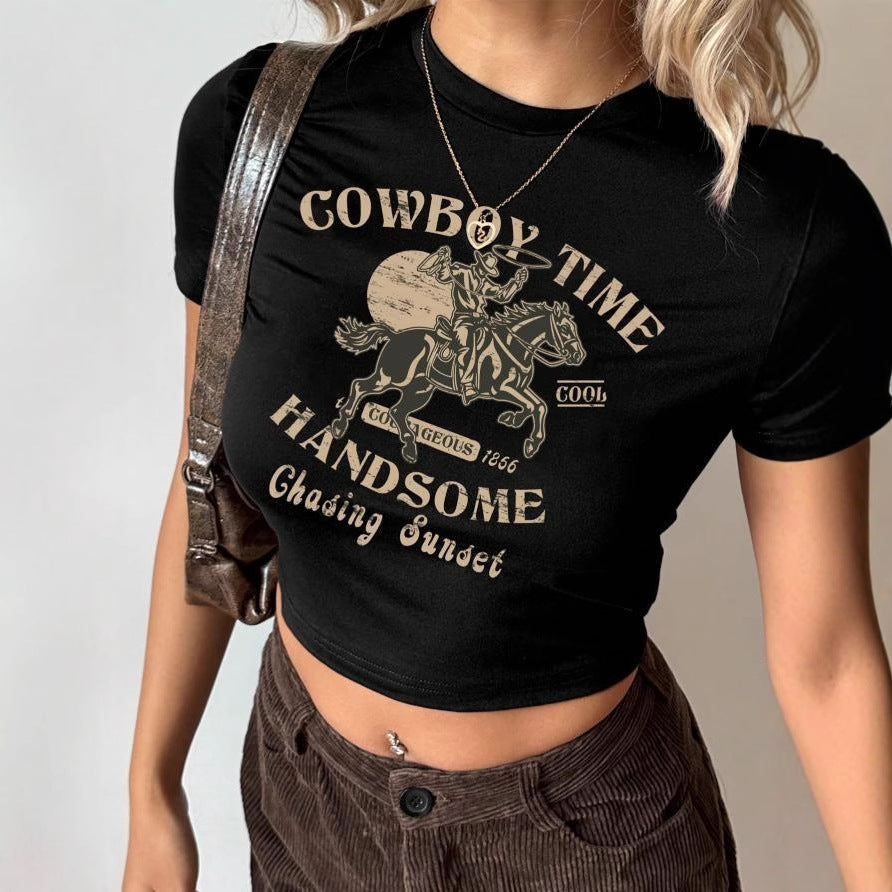 Damen Crop-Shirt mit auffälligem Cowboy-Motiv und stilvollem Schnitt Drune