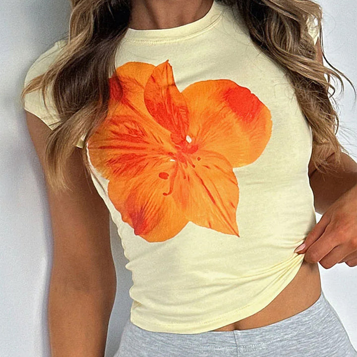 Damen Kurzarm-T-Shirt mit floralem Print und figurbetonter Passform Drune