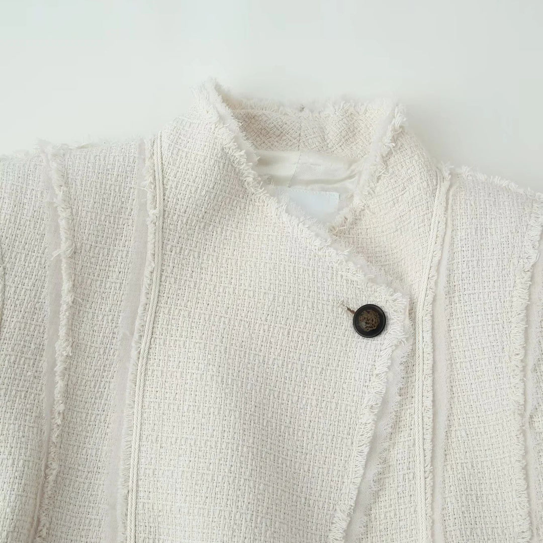 Damen nan taillierte Bouclé-Jacke mit Stehkragen, Zierriegel und dezenten Fransen Drune