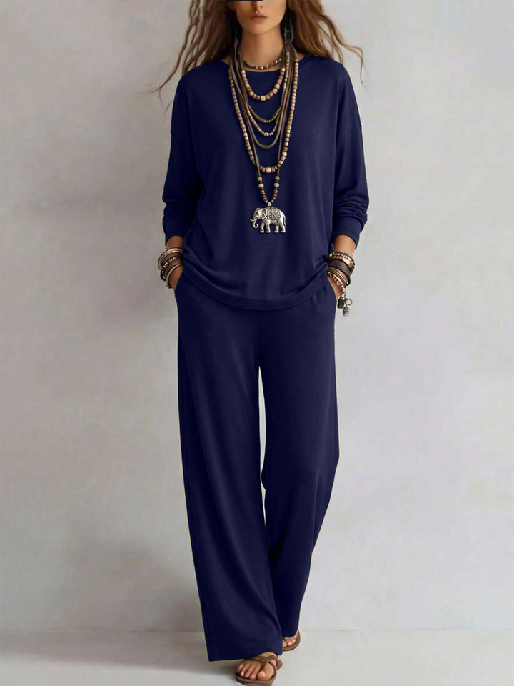 Damen Lounge-Set aus Viskose-Mix mit Oversize-Longsleeve und palazzoweiten Hosen Drune