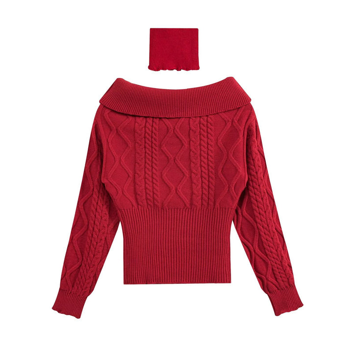 Damen Schulterfreier Zopfmuster-Pullover mit weitem Umschlagkragen Drune
