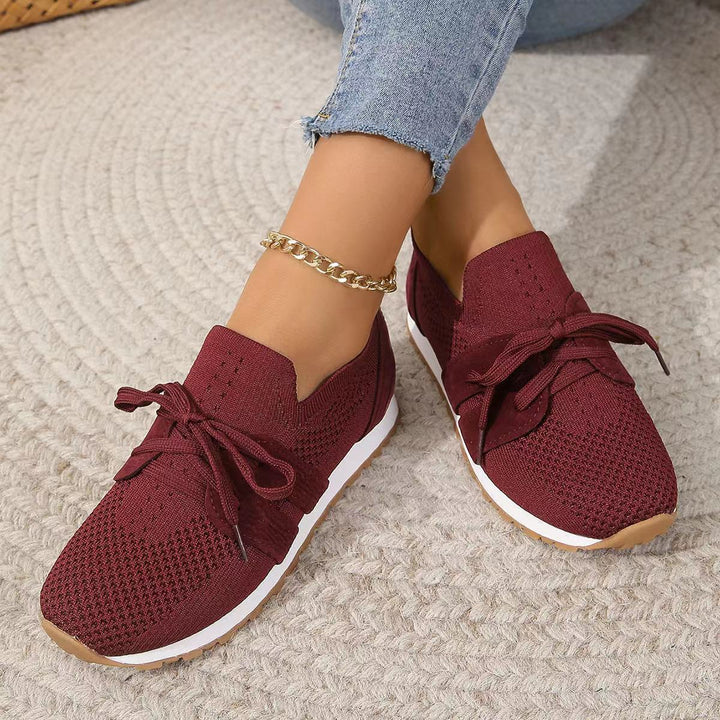Damen nan gestrickter Slip-On Sneaker mit dekorativer Schnürung, gepolstertem Komfortfußbett und rutschfester Gummiprofilsohle Drune