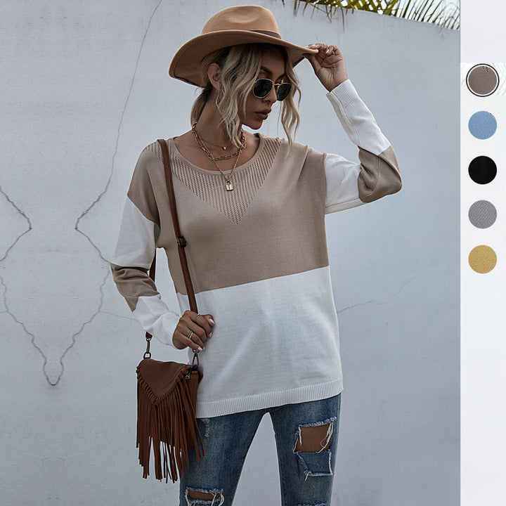 Damen Lockere Strickpullover im Blockmuster mit V‑Ajour‑Detail Drune
