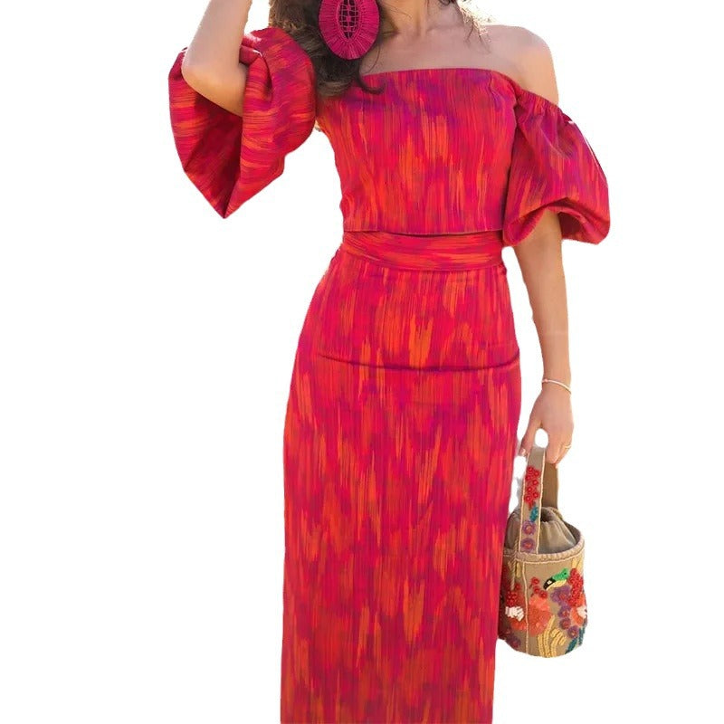 Damen figurbetontes Maxikleid mit Puffärmeln und elegantem V-Ausschnitt Drune