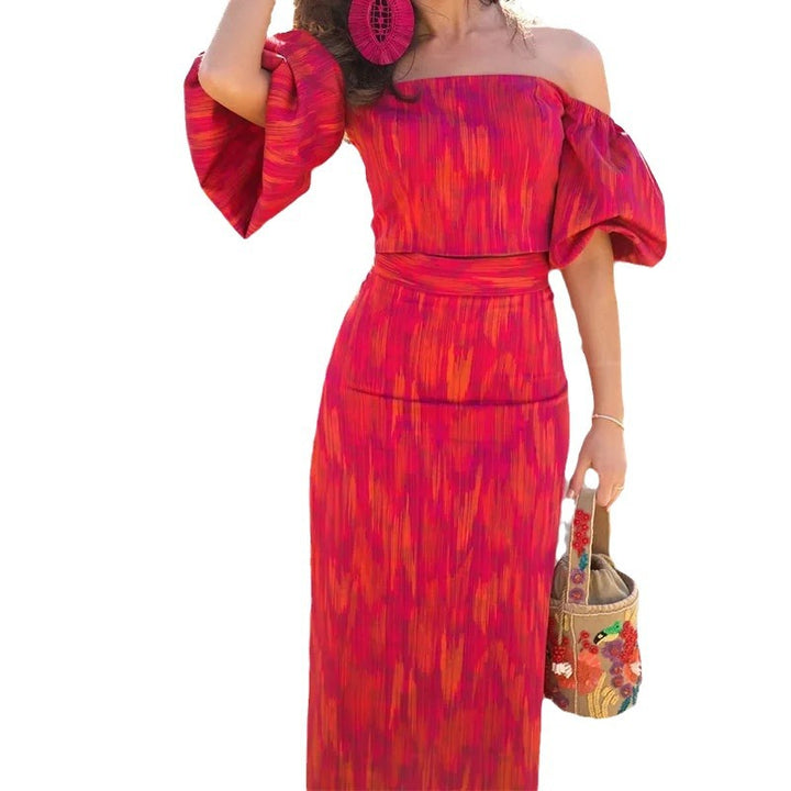 Damen figurbetontes Maxikleid mit Puffärmeln und elegantem V-Ausschnitt Drune
