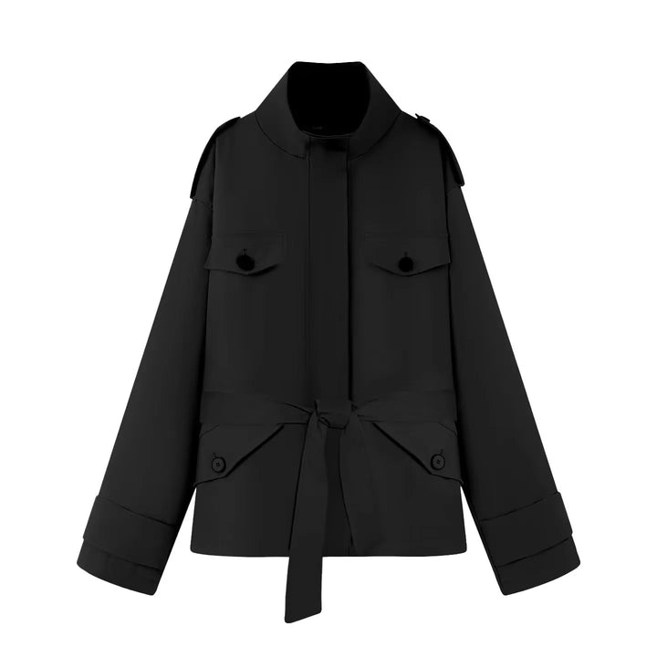 Damen nan funktionale Safari‑Jacke mit Taillengürtel, Pattentaschen und hoch geschlossenem Kragen Drune