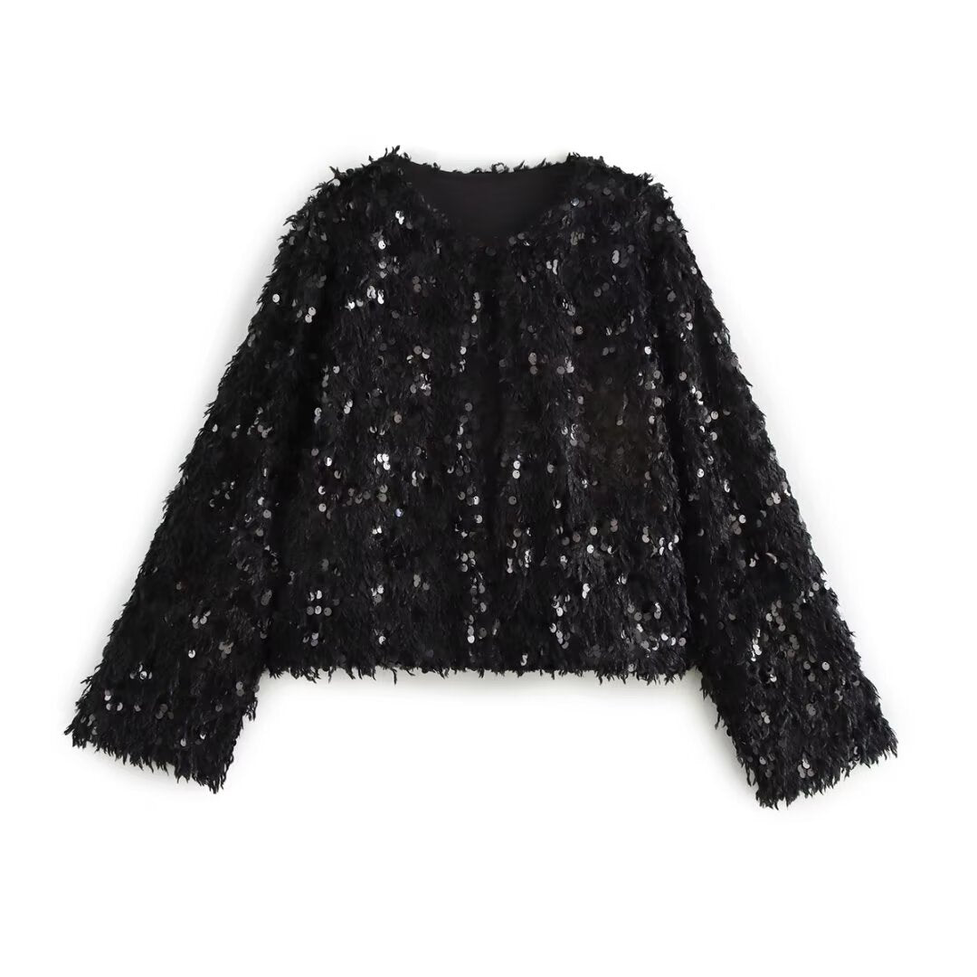 Damen Cropped‑Jacke aus flauschigem Faux‑Fur mit Paillettenbesatz Drune
