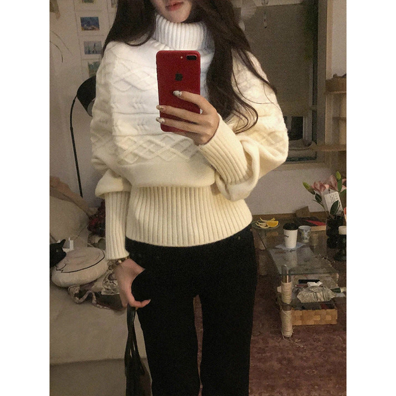 Damen Oversized Strickpullover mit hohem Kragen und strukturiertem Design Drune