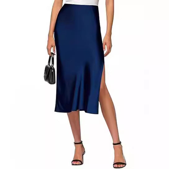 Damen Satin-Midirock mit hohem Schlitz Drune