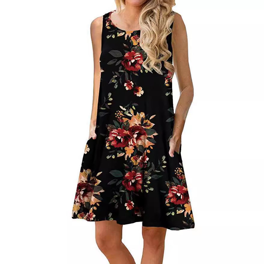 Damen ärmelloses Blumen-Minikleid mit praktischen Eingrifftaschen Drune