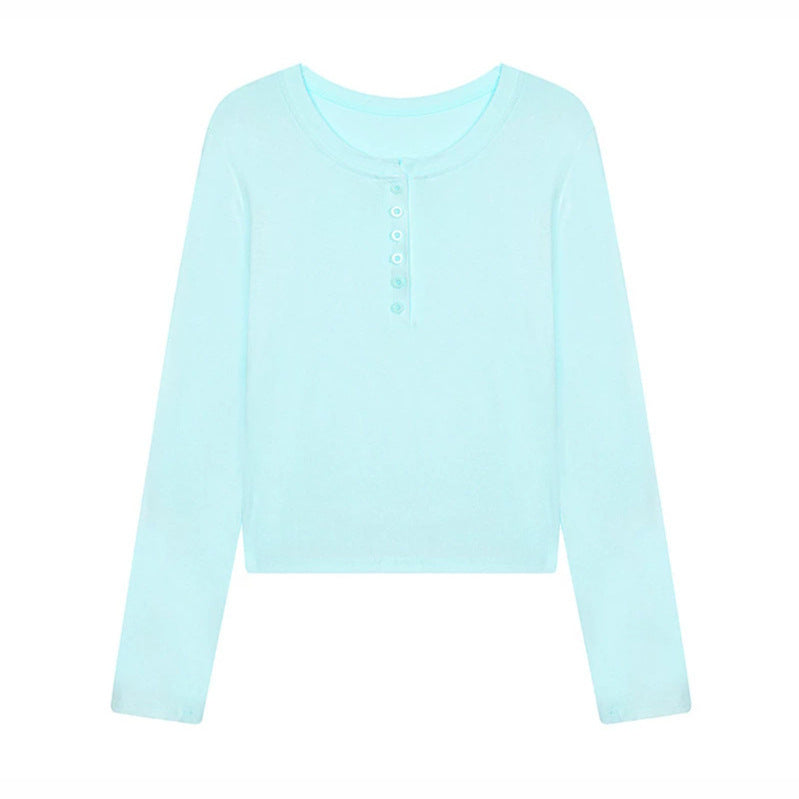 Damen Kurz geschnittenes Henley Langarmshirt aus Baumwolljersey mit Knopfleiste Drune