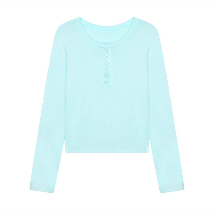 Damen Kurz geschnittenes Henley Langarmshirt aus Baumwolljersey mit Knopfleiste Drune