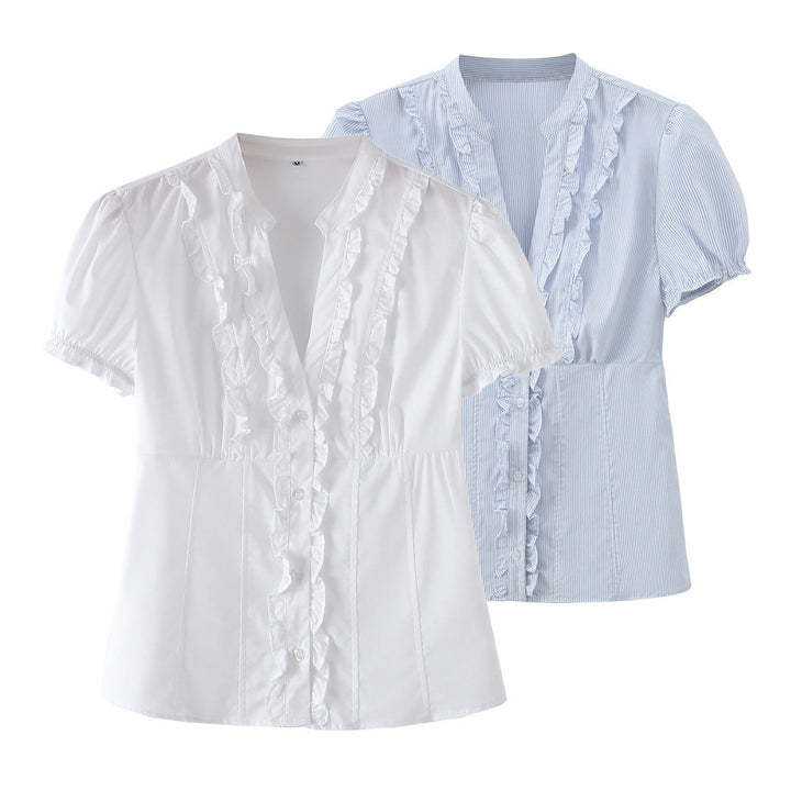 Damen Rüschenshirt mit elegantem V-Ausschnitt und taillierter Passform Drune