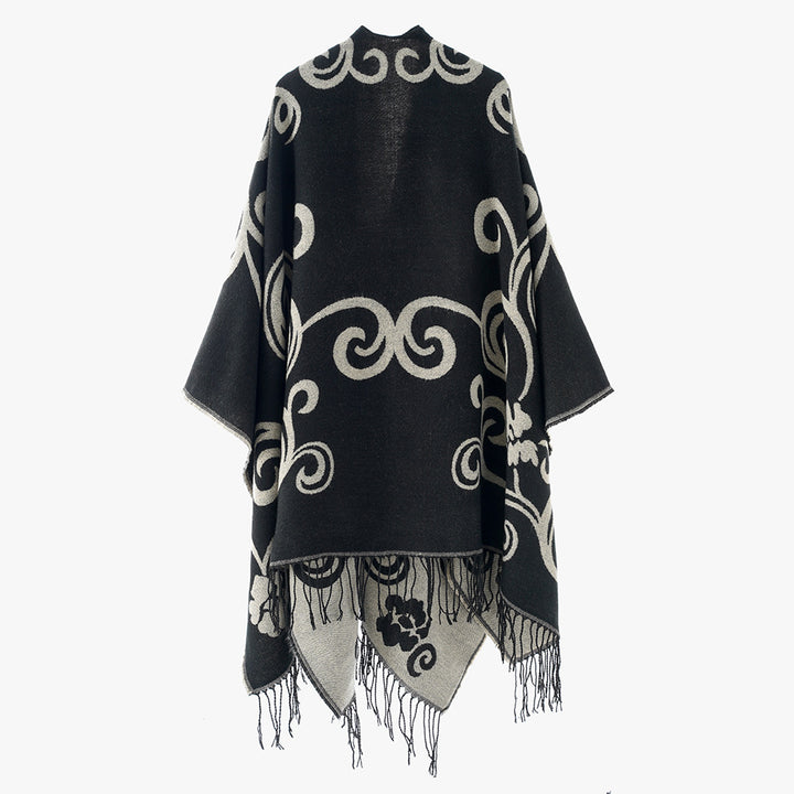 Damen Jacquard-Überwurf im Umhangstil mit Wendefunktion und Fransensaum Drune