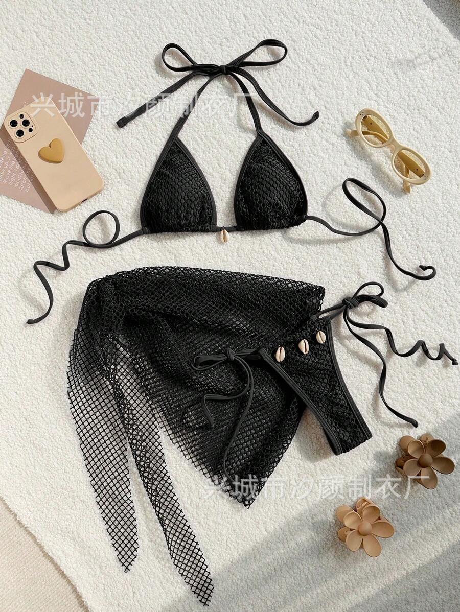Damen Triangel-Bikini mit transparentem Netzgewebe und Schnürdetails Drune