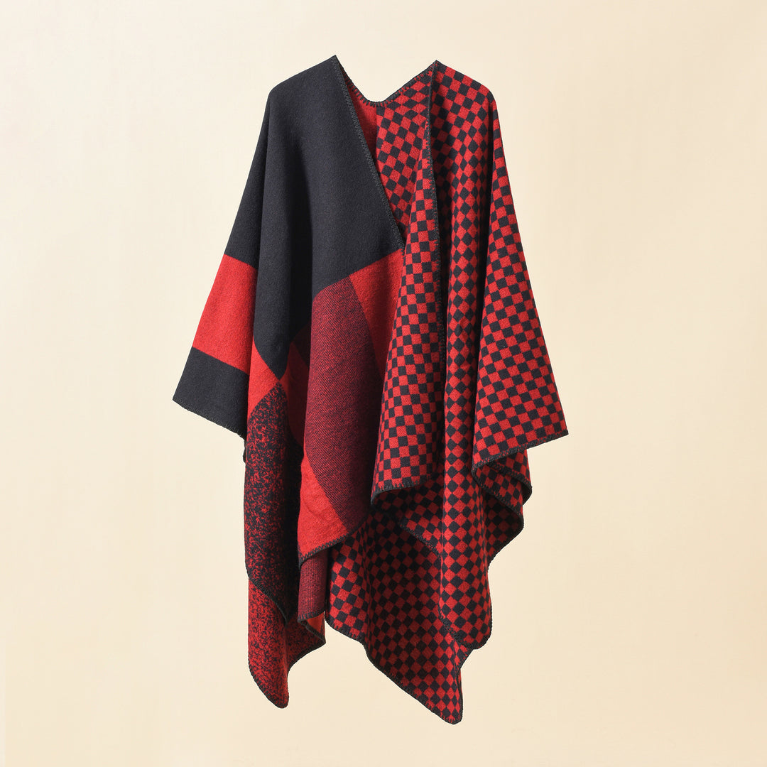 Damen Wendbarer Karomuster-Capeponcho aus Wollmix mit kastigem Oversize-Fall Drune